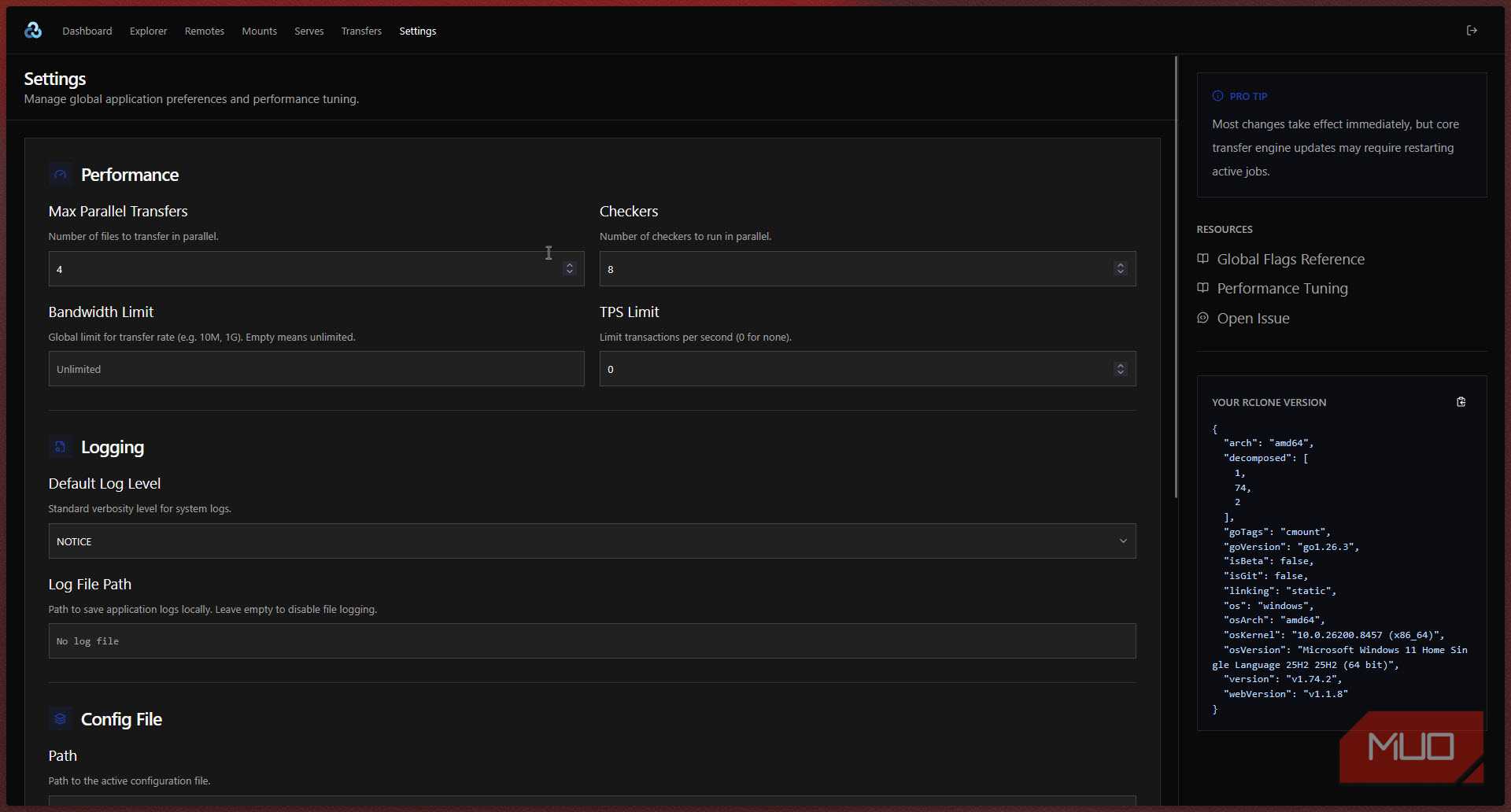 Rclone settings menu.