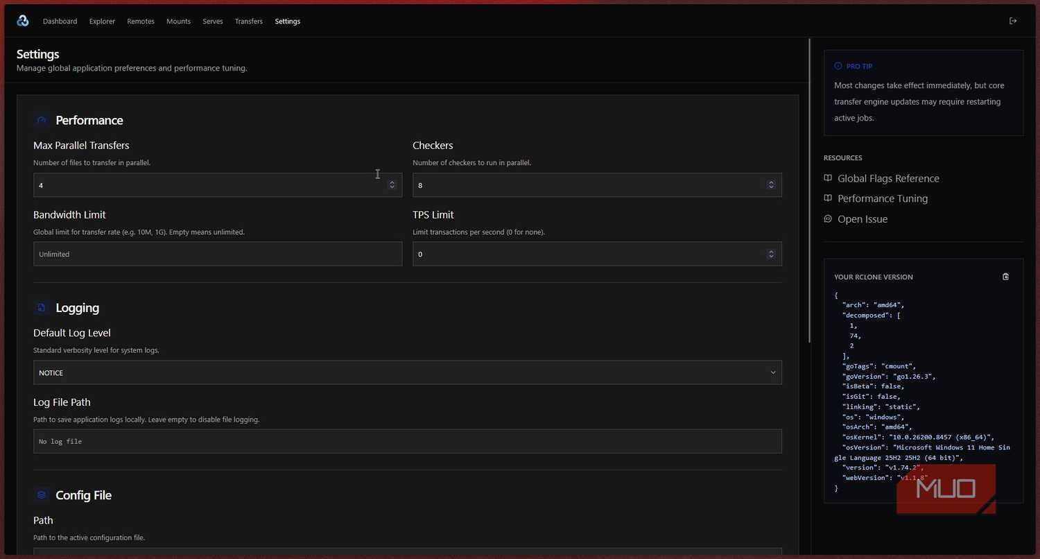 Rclone settings menu.