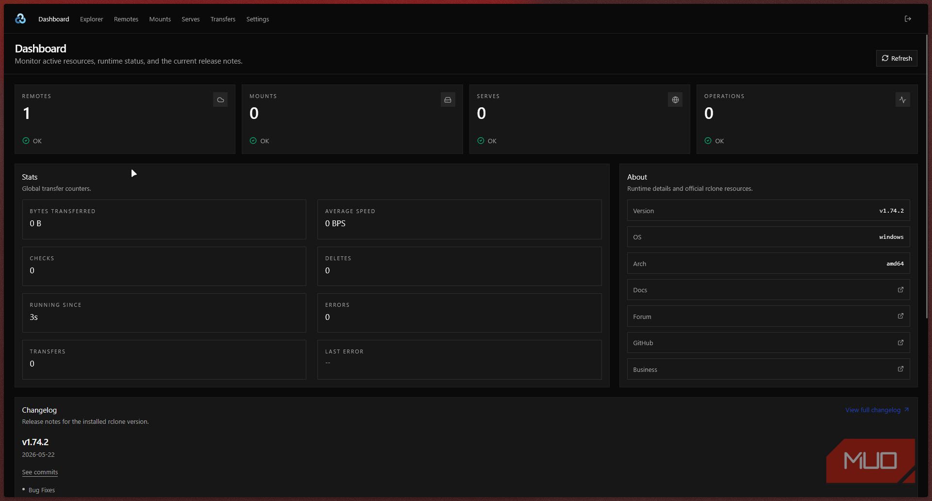 Rclone web dashboard.