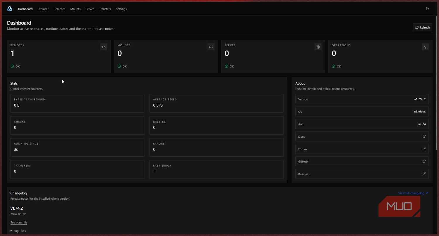 Rclone web dashboard.