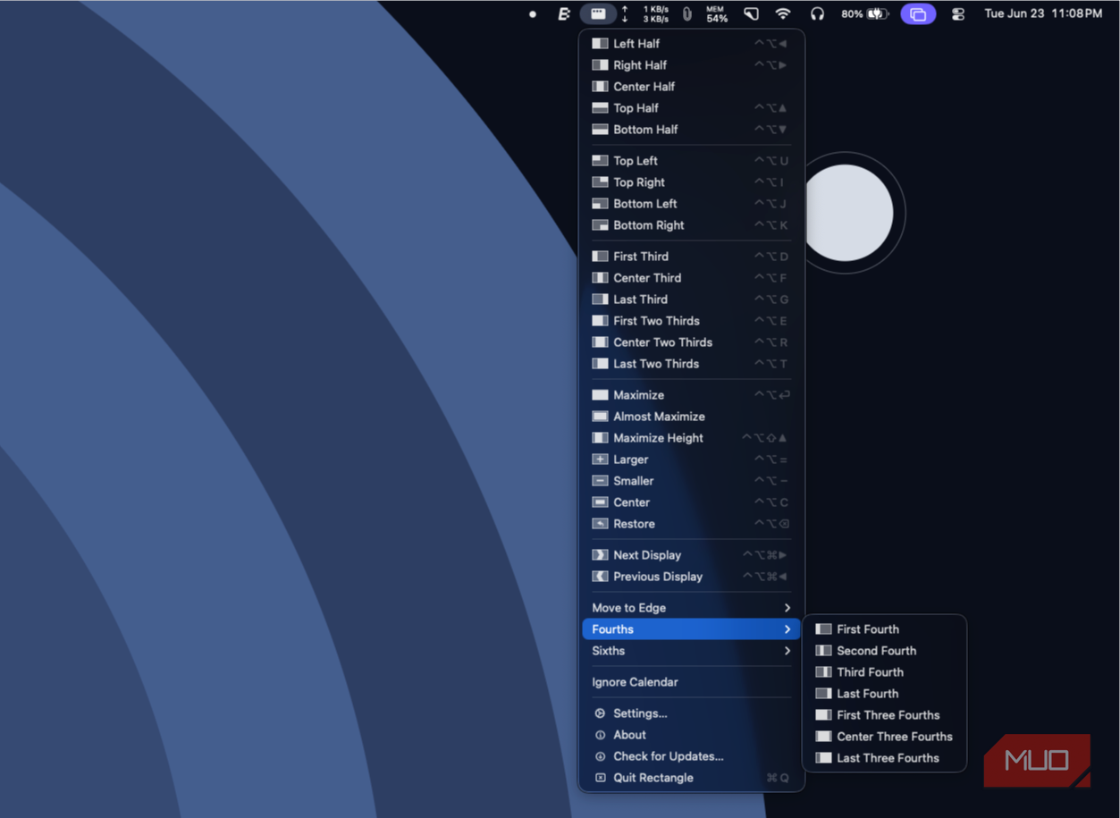 screen showing the multiple additional layouts from Rectangle