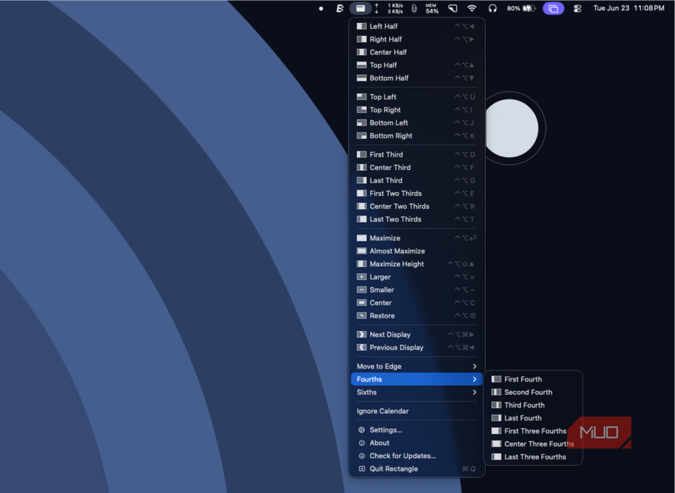 screen showing the multiple additional layouts from Rectangle
