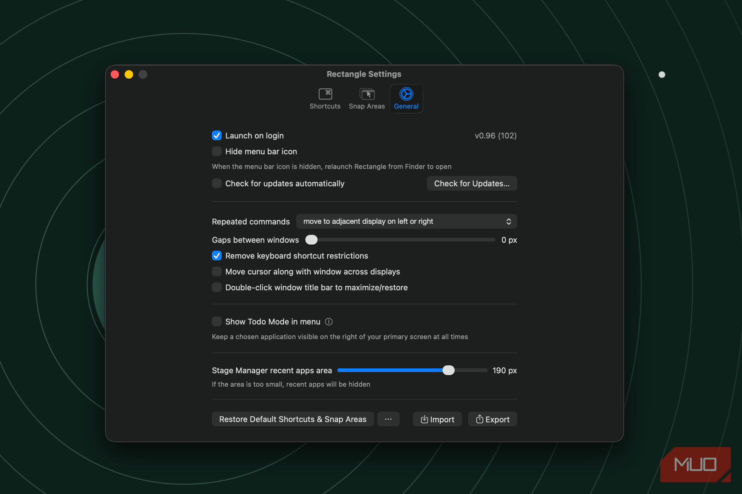 the window showing the general settings page of rectangle