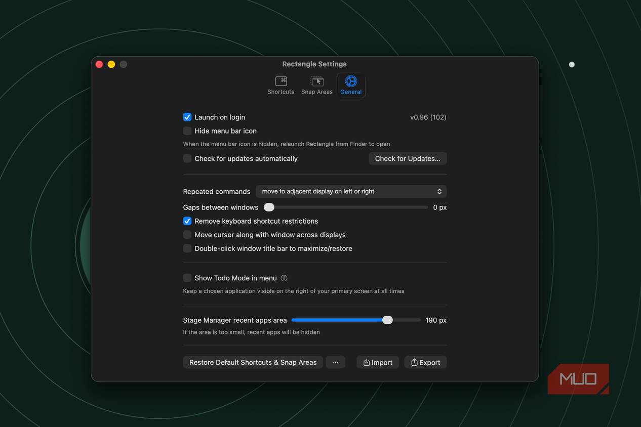 the window showing the general settings page of rectangle
