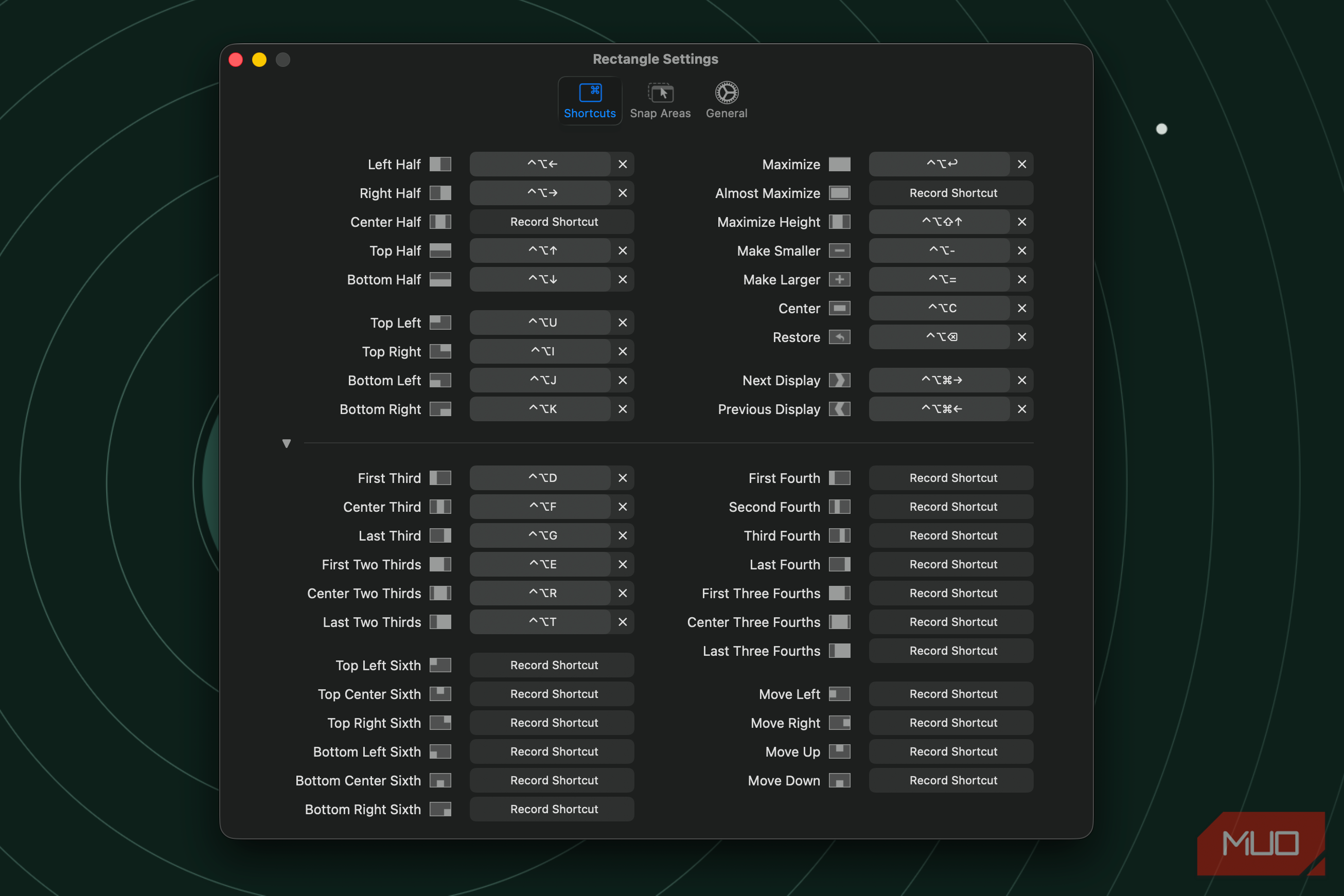 a window showing the keyboard shortcuts section of Rectangle