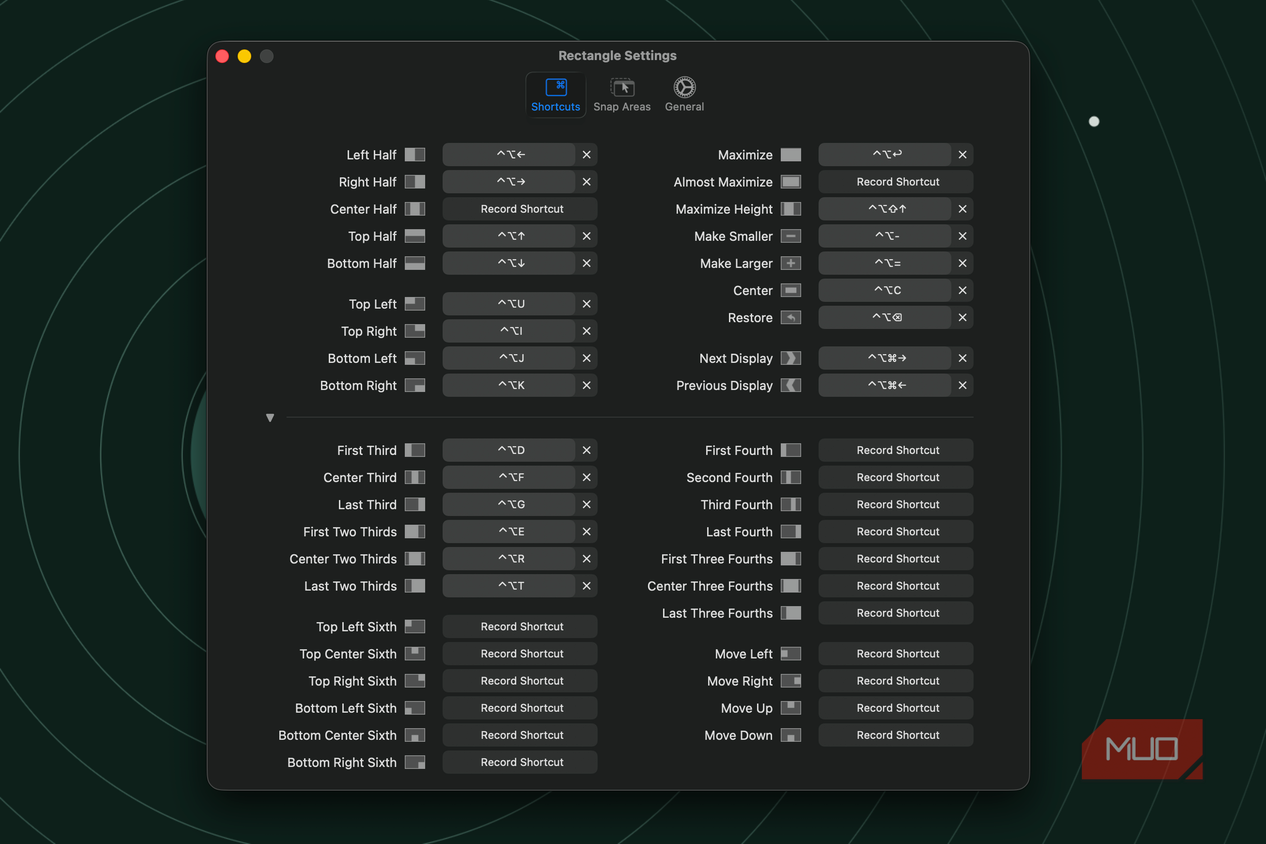 a window showing the keyboard shortcuts section of Rectangle