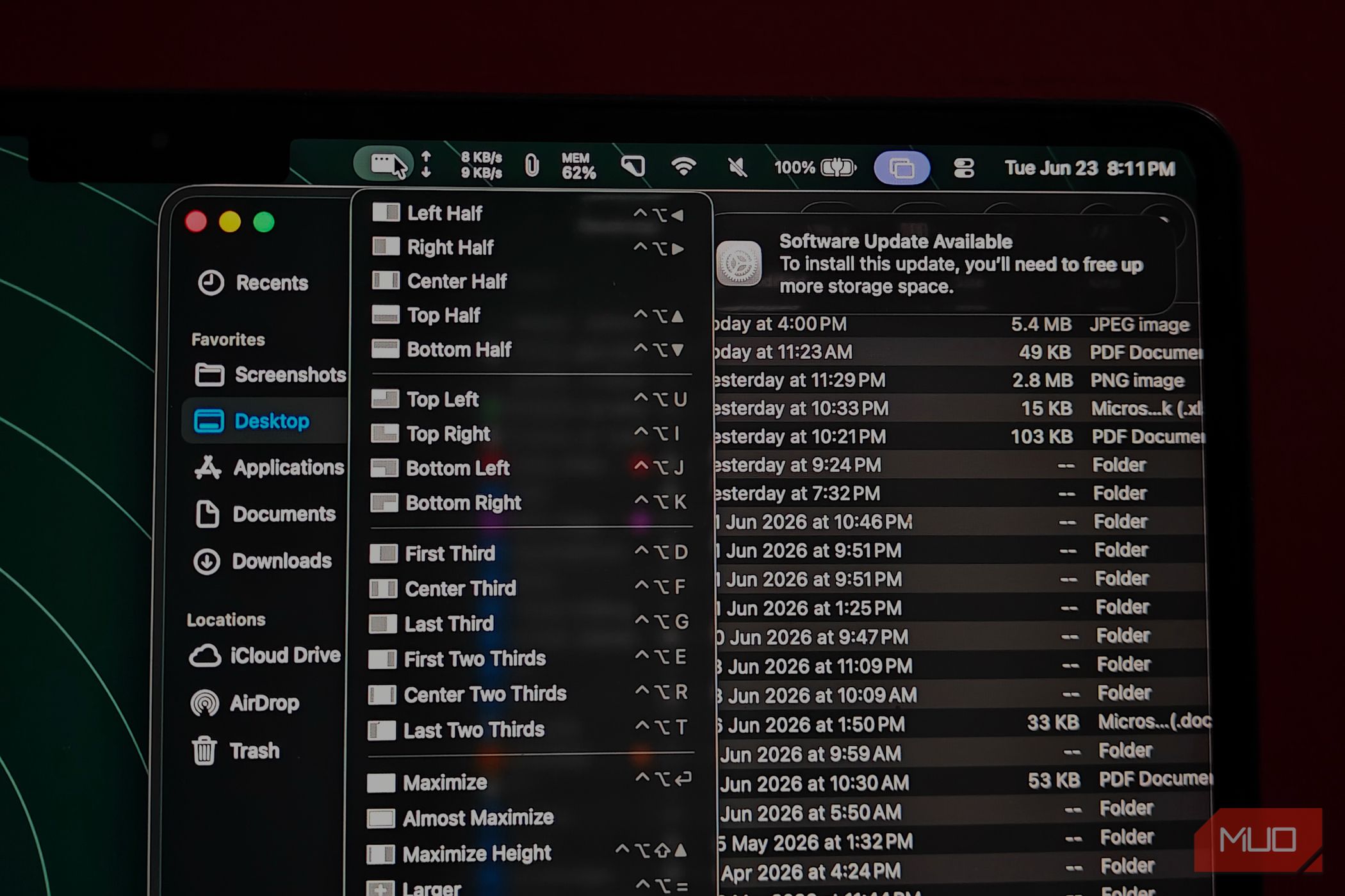 the Rectangle app showing multiple options on a MacBook Air screen