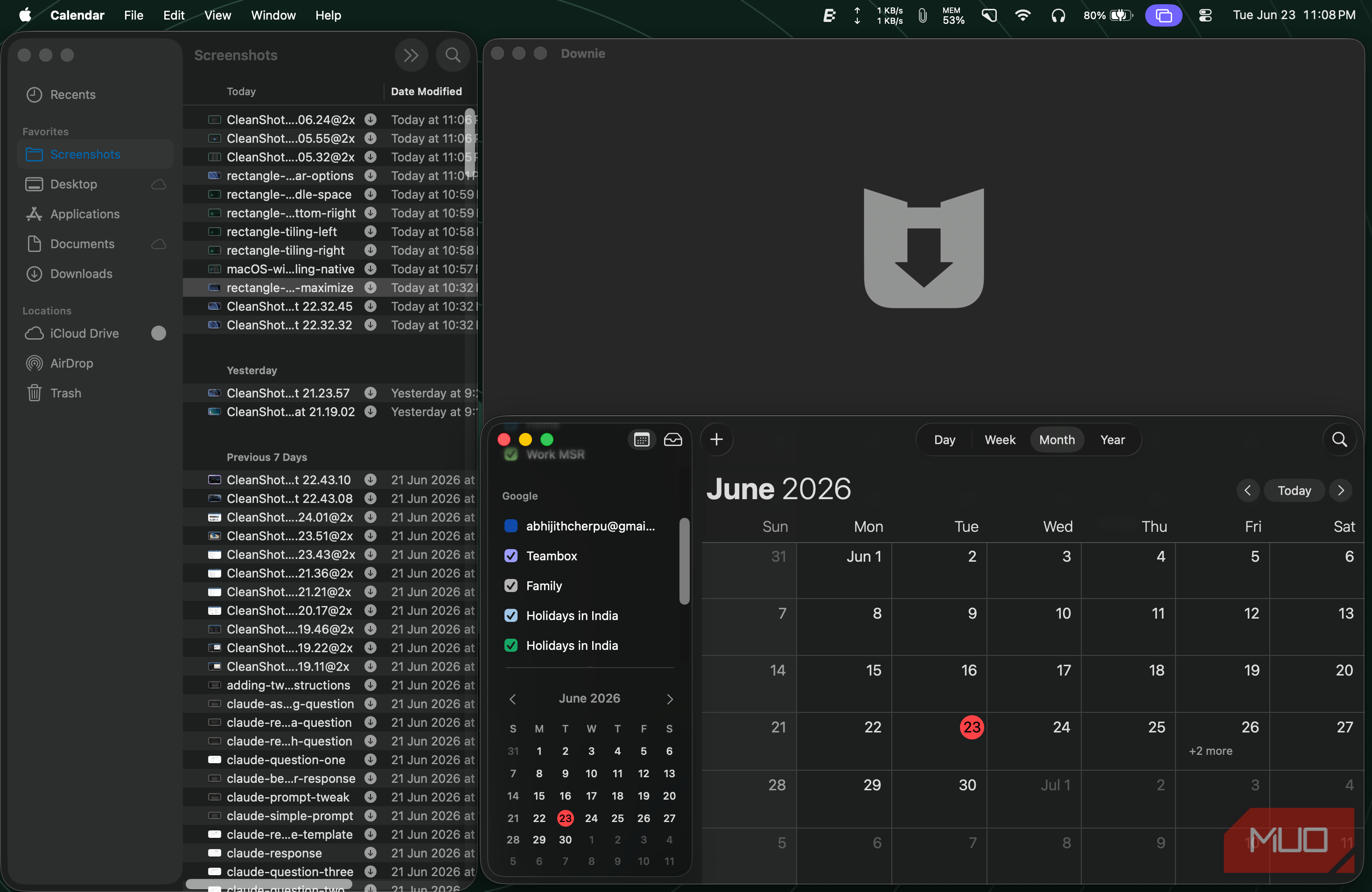 a screen showing multiple windows arranged using Rectangle