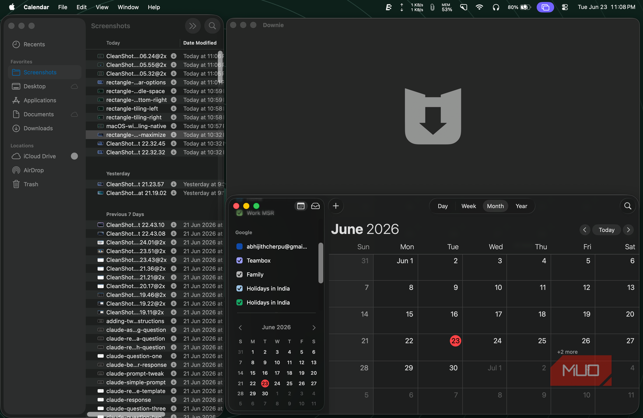 a screen showing multiple windows arranged using Rectangle