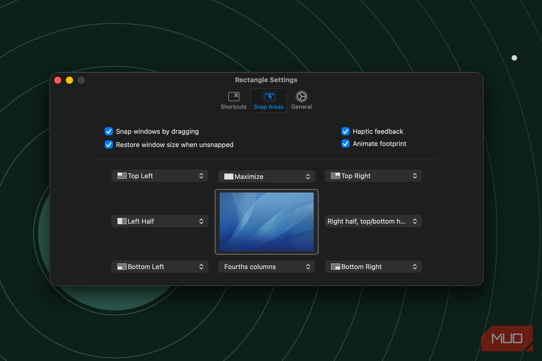 the window showing the snap settings page of rectangle