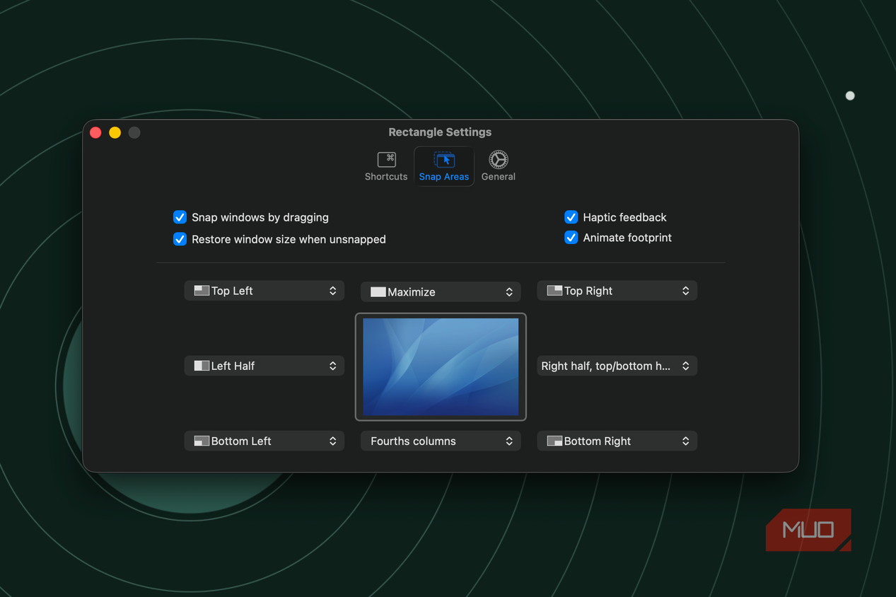 the window showing the snap settings page of rectangle