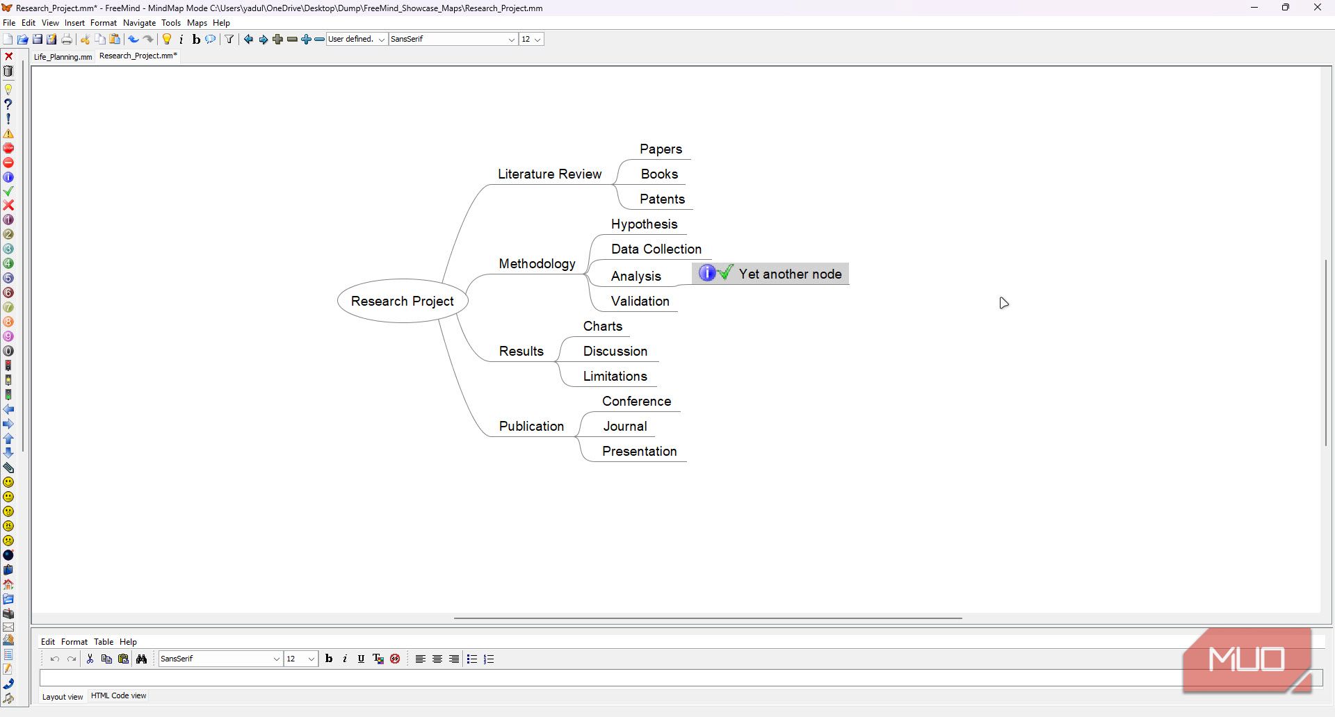 Research project mind map in Freemind.