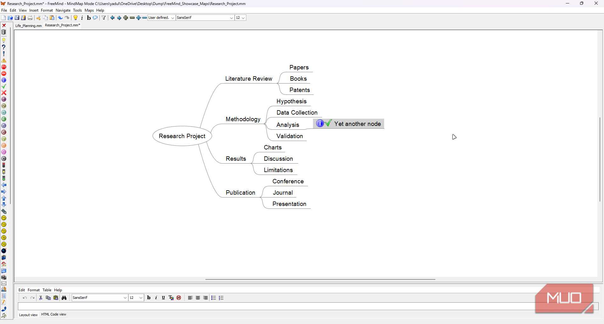 Research project mind map in Freemind.