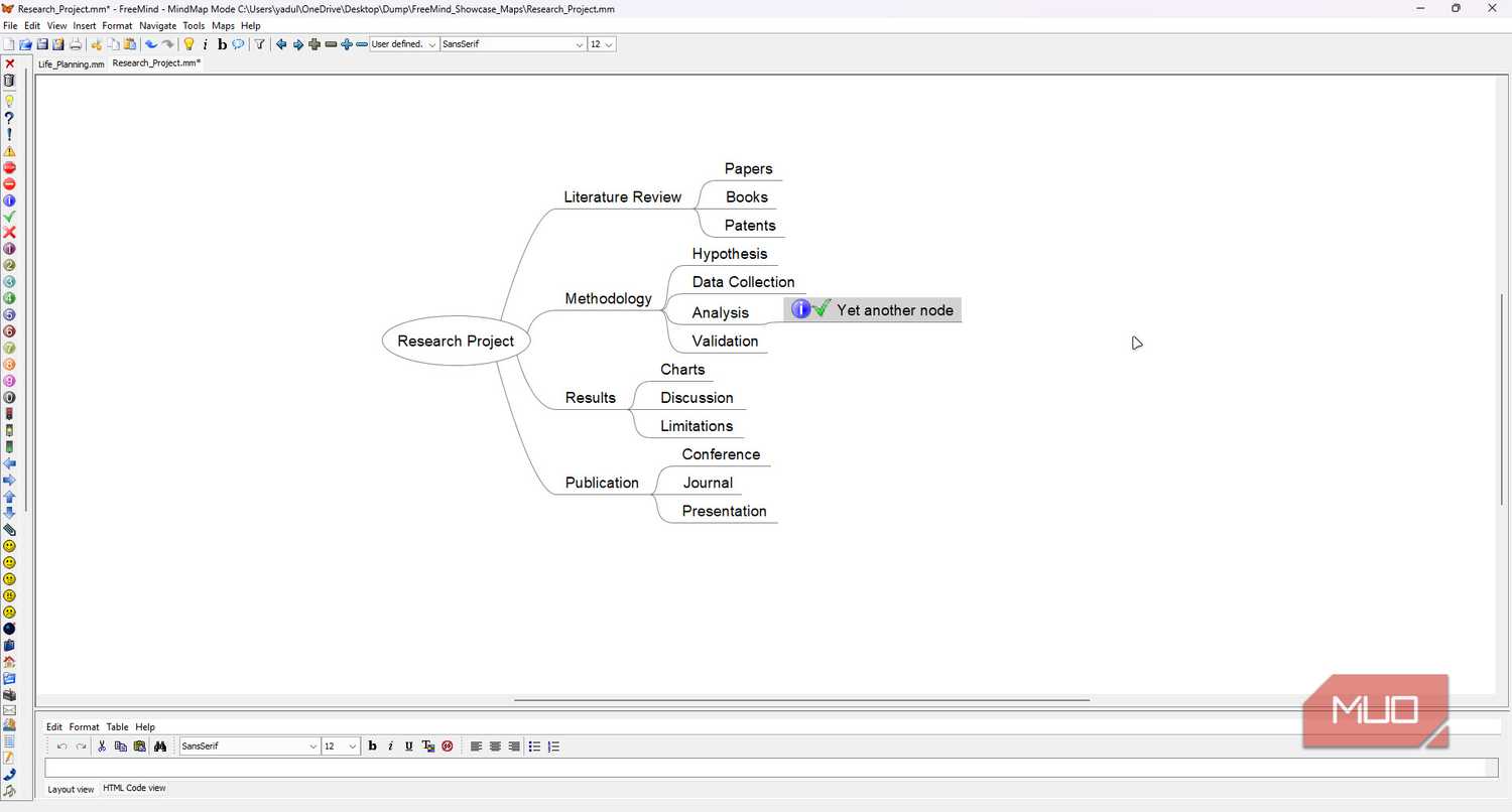 Research project mind map in Freemind.