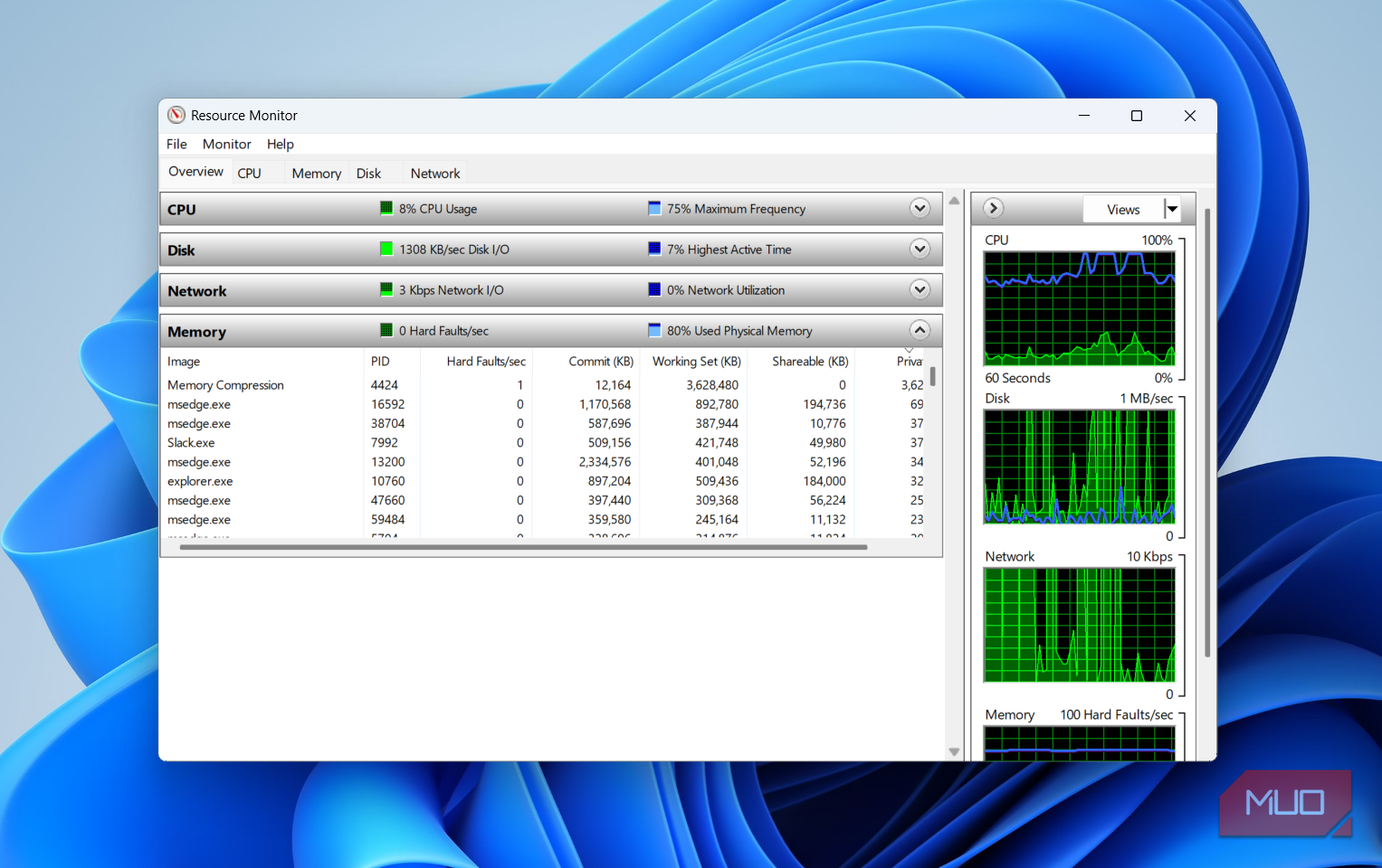 Resource Monitor showing memory use on desktop