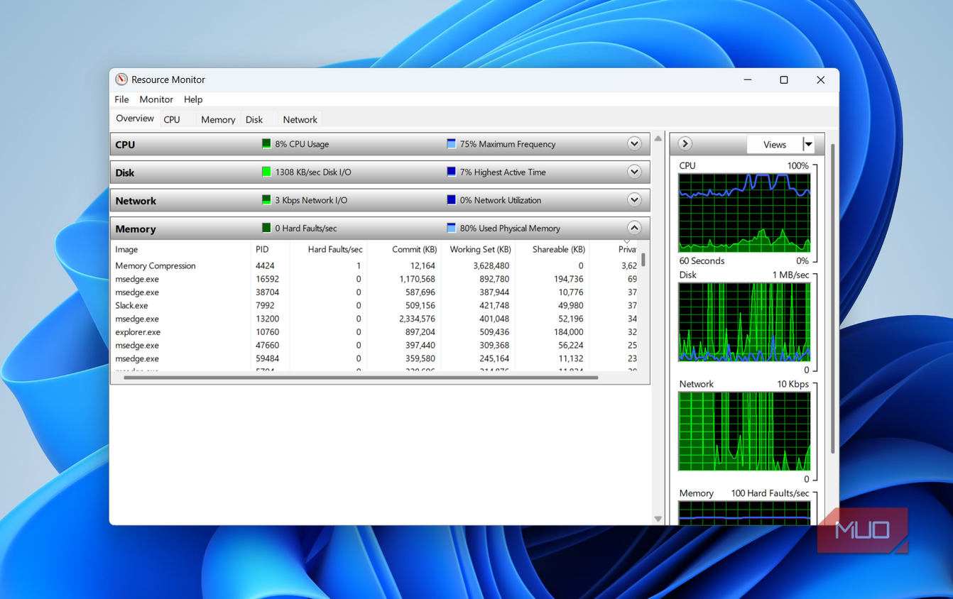 Resource Monitor showing memory use on desktop