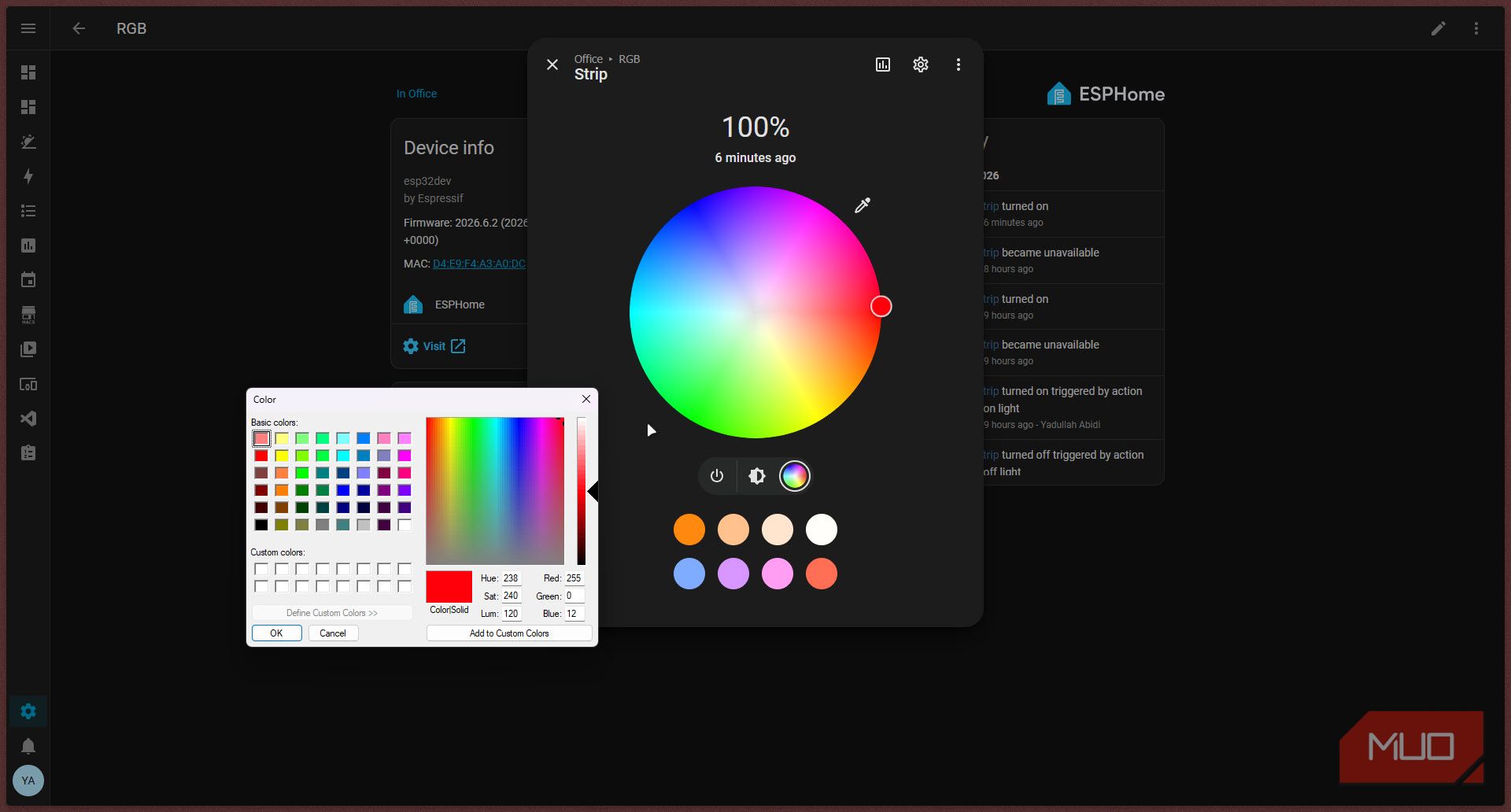 RGB LED strip with color options in Home Assistant.