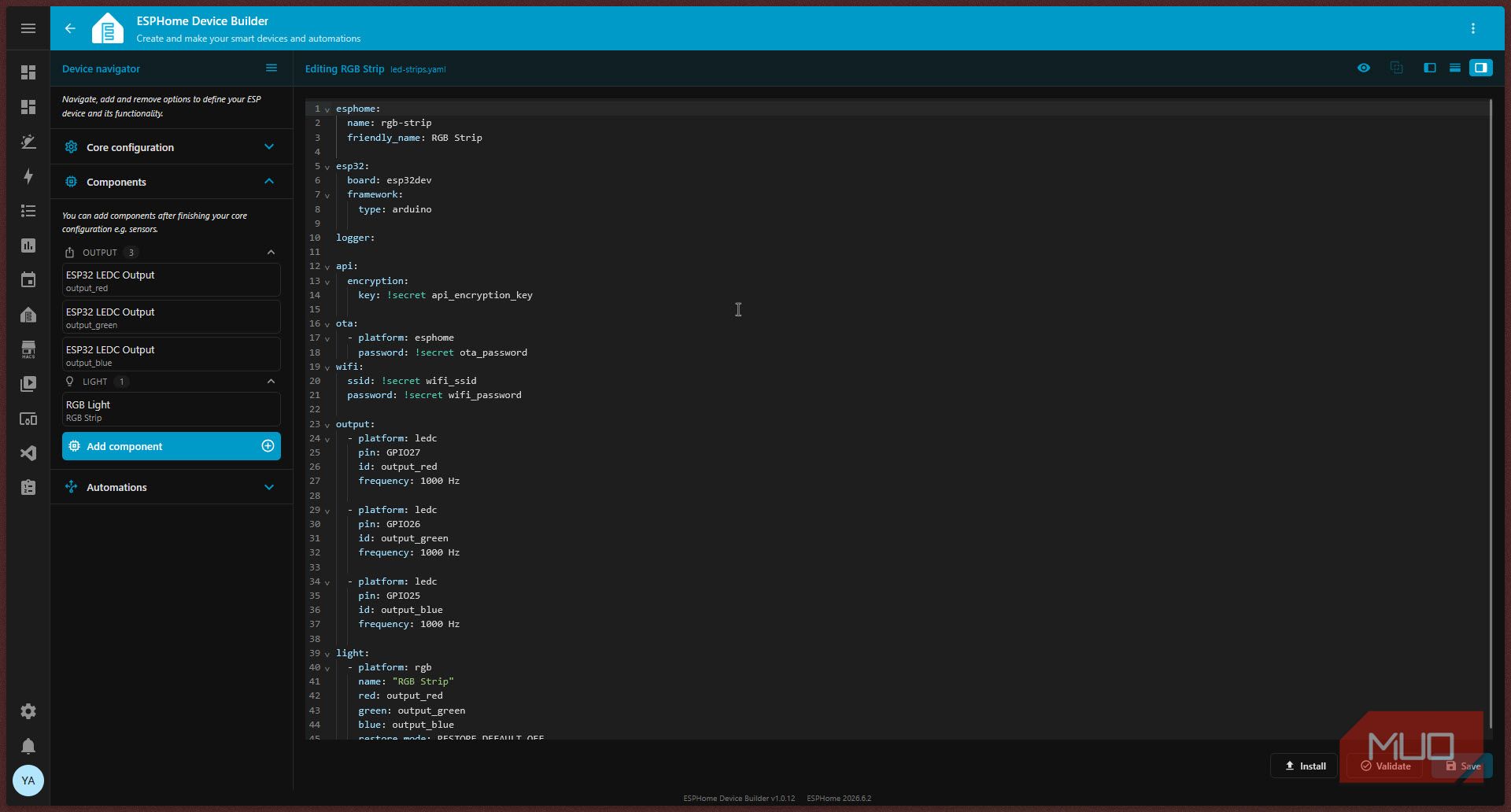 RGB LED strip YAML configuration in ESPHome.
