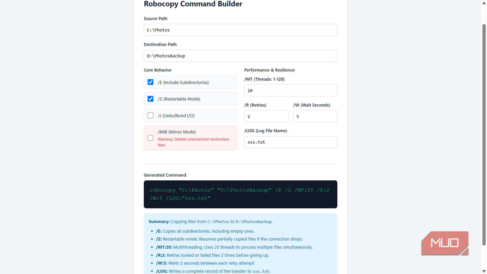Robocopy command builder interface.