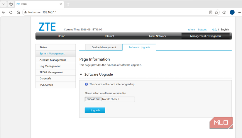 Router firmware update menu