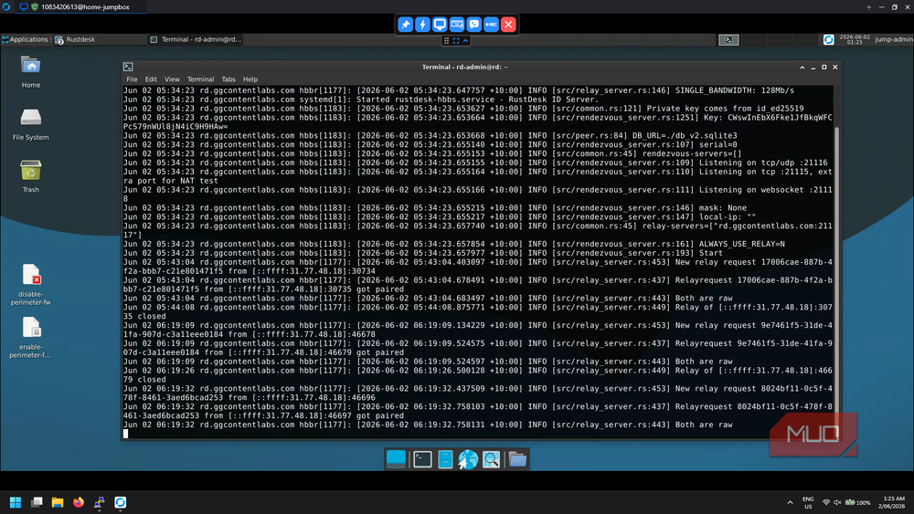 Active RustDesk session showing relay connection logs