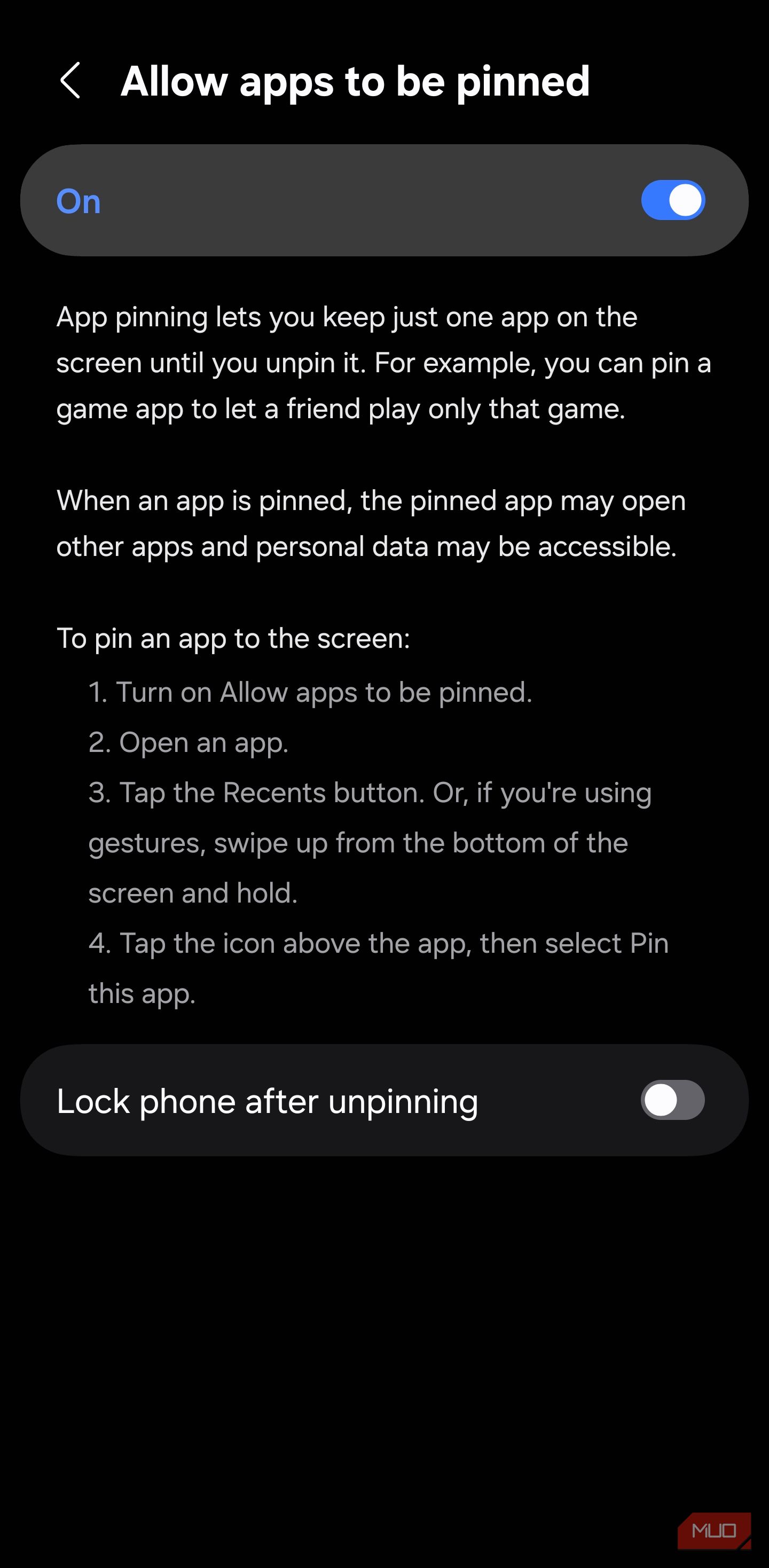 Samsung App Pinning settings with the “Lock phone after unpinning” option turned off