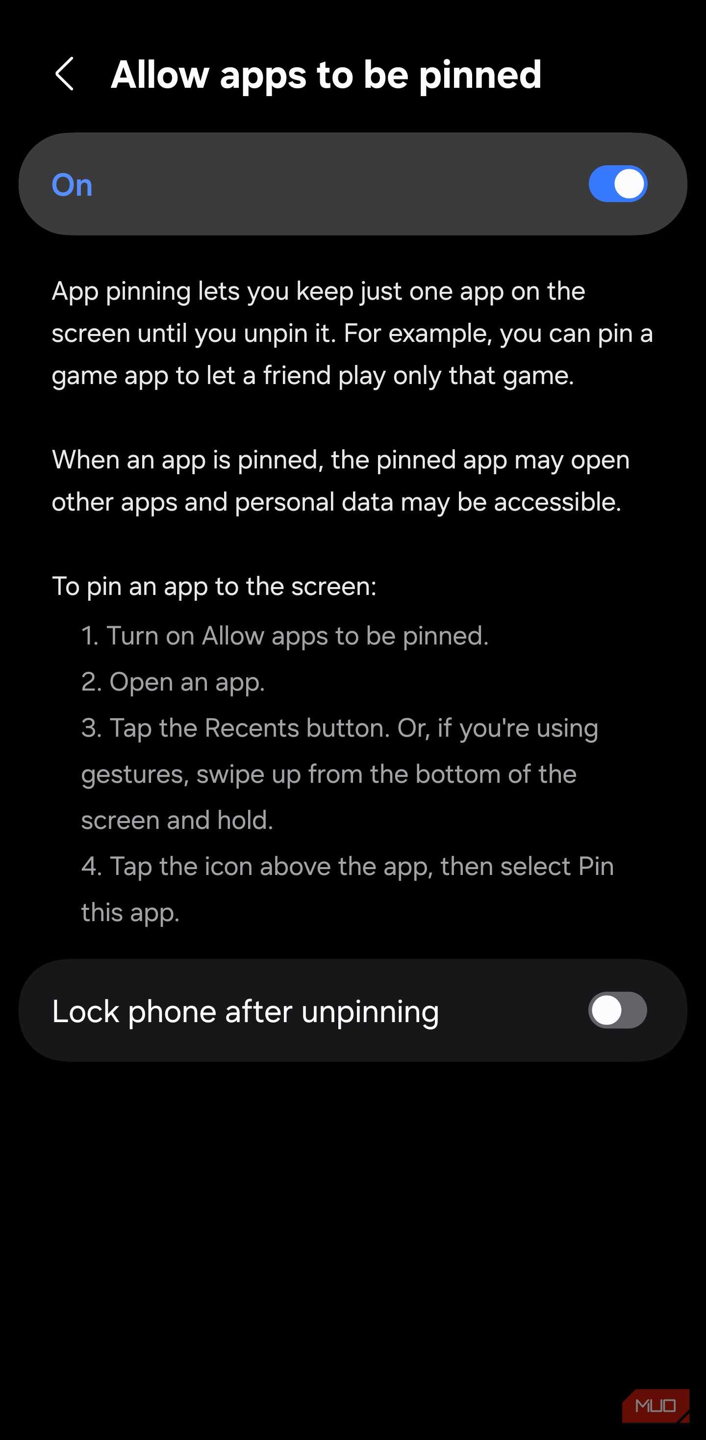 Samsung App Pinning settings with the “Lock phone after unpinning” option turned off