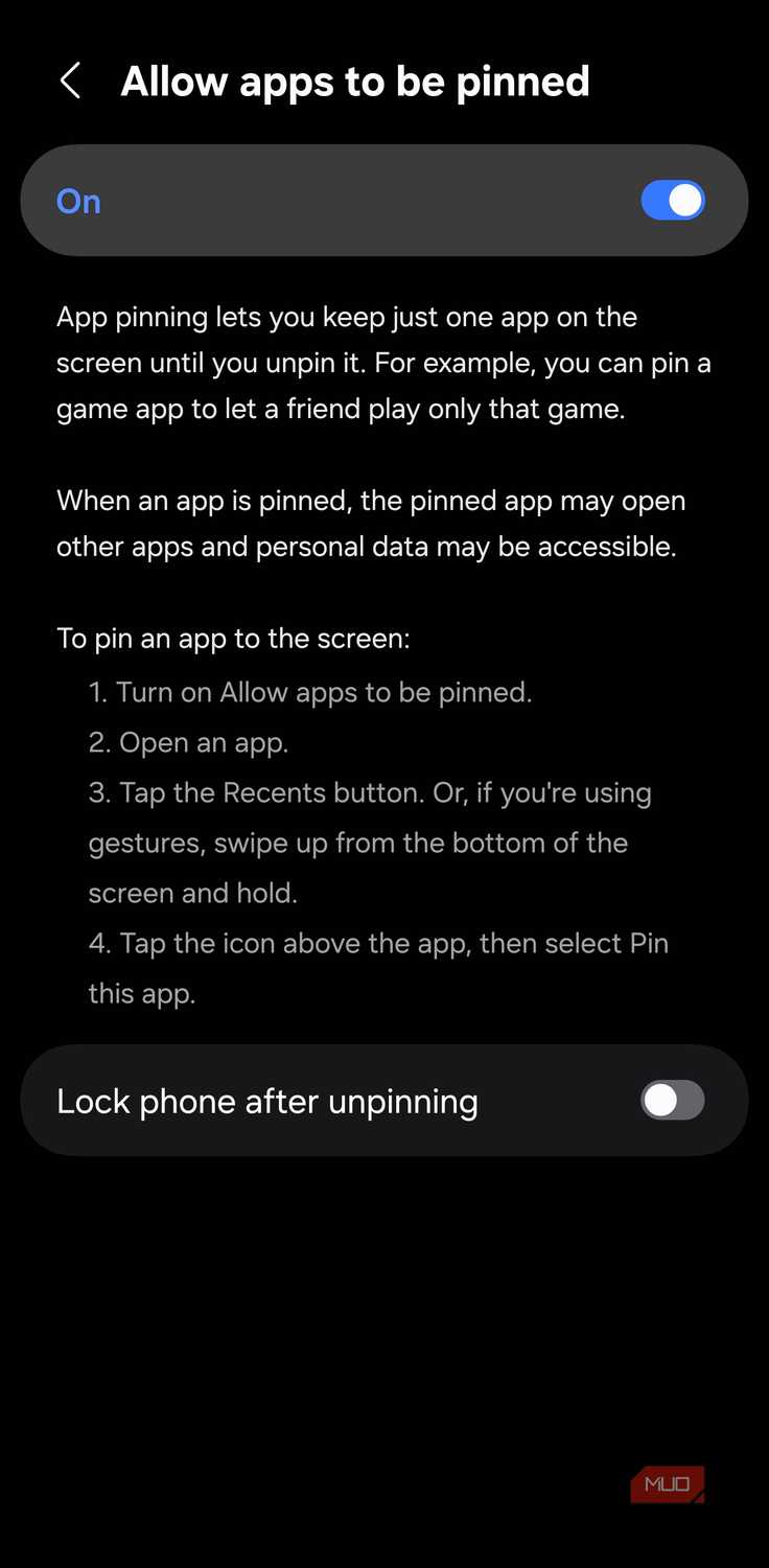 Samsung App Pinning settings with the “Lock phone after unpinning” option turned off
