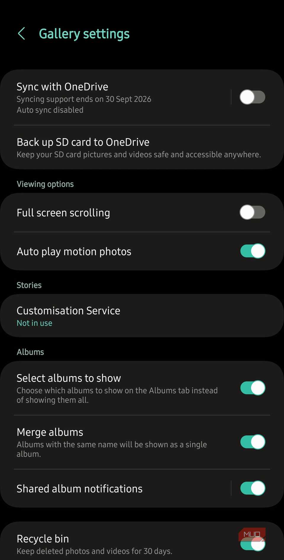Samsung Gallery toggle to disable sync with OneDrive