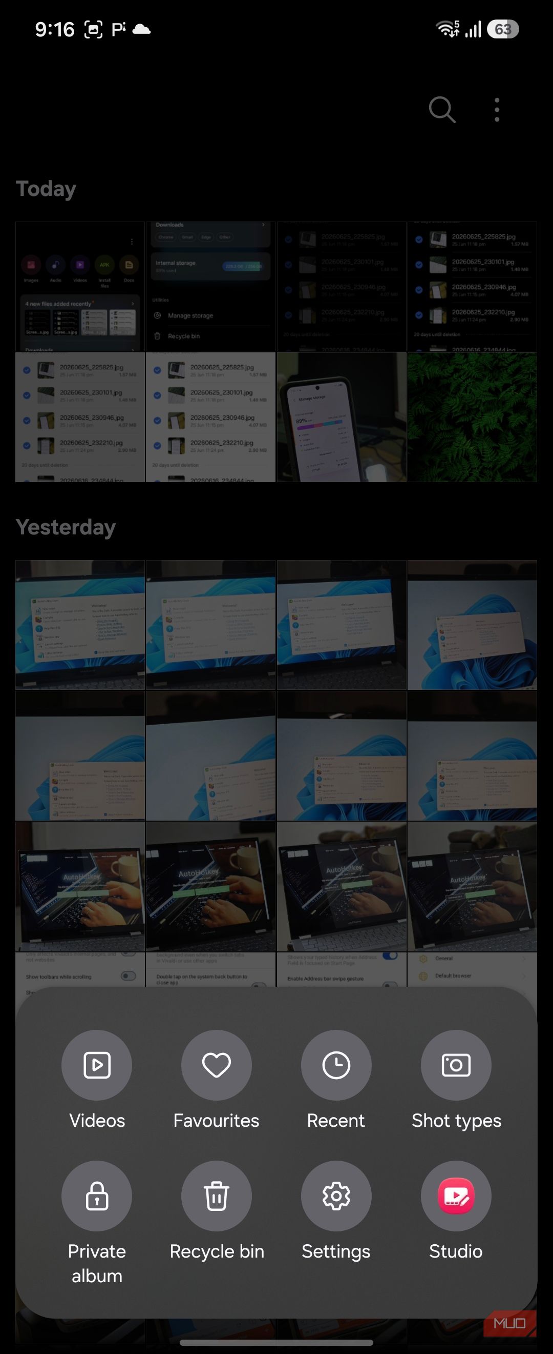 Samsung Gallery more options menu recycle bin