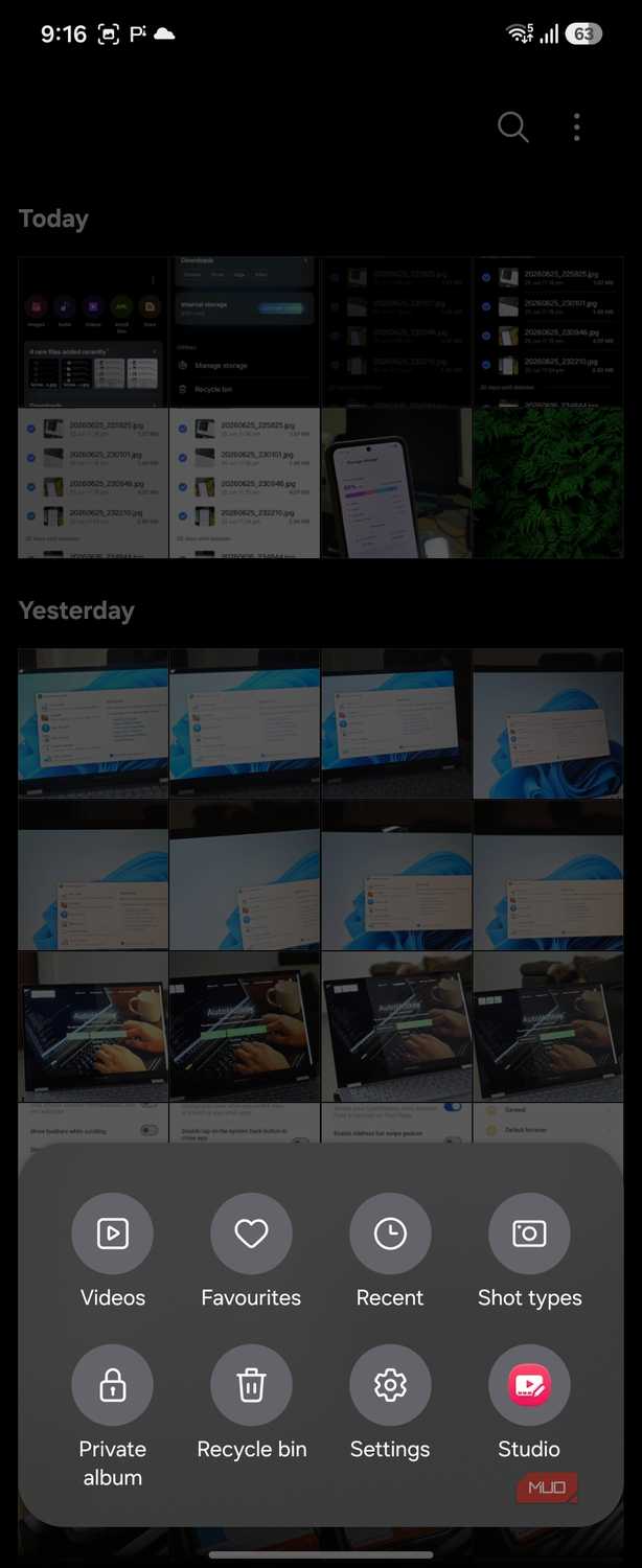 Samsung Gallery more options menu recycle bin