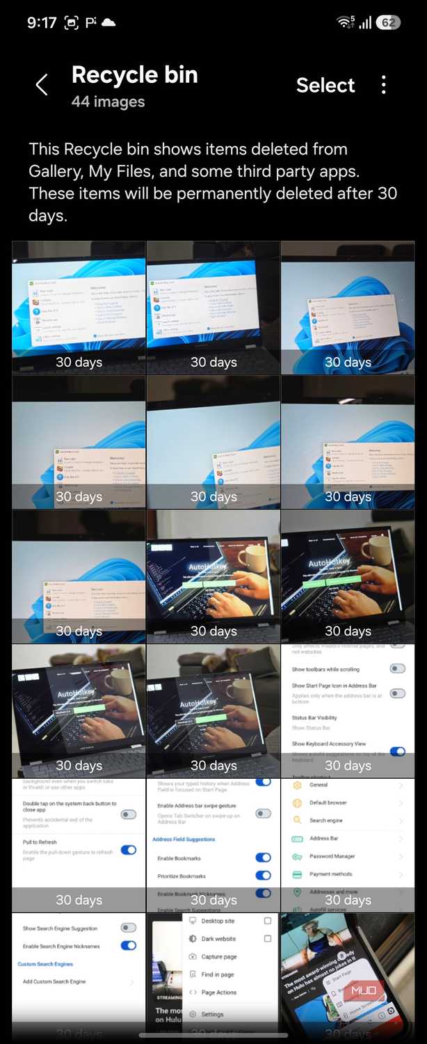 Samsung Gallery recycle bin 44 images grid view