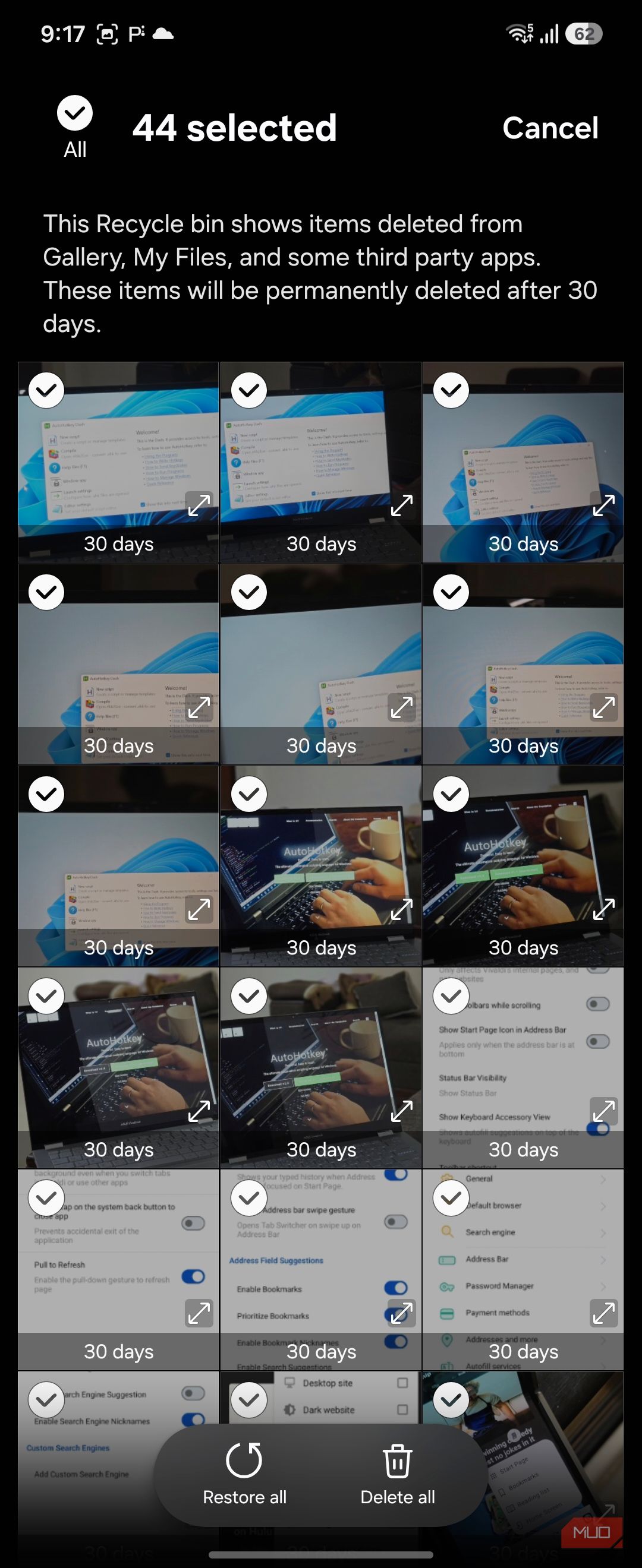 Samsung Gallery recycle bin 44 selected all items