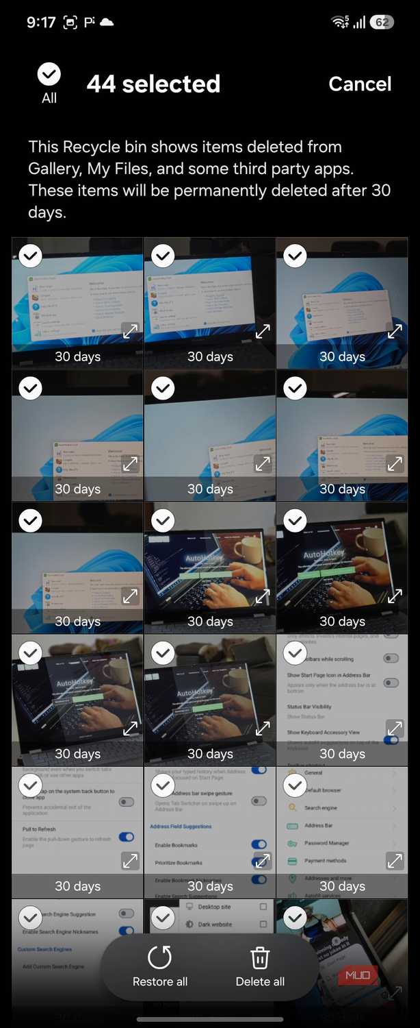 Samsung Gallery recycle bin 44 selected all items