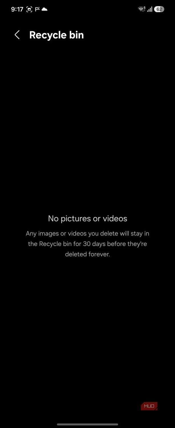 Samsung Gallery recycle bin empty no pictures