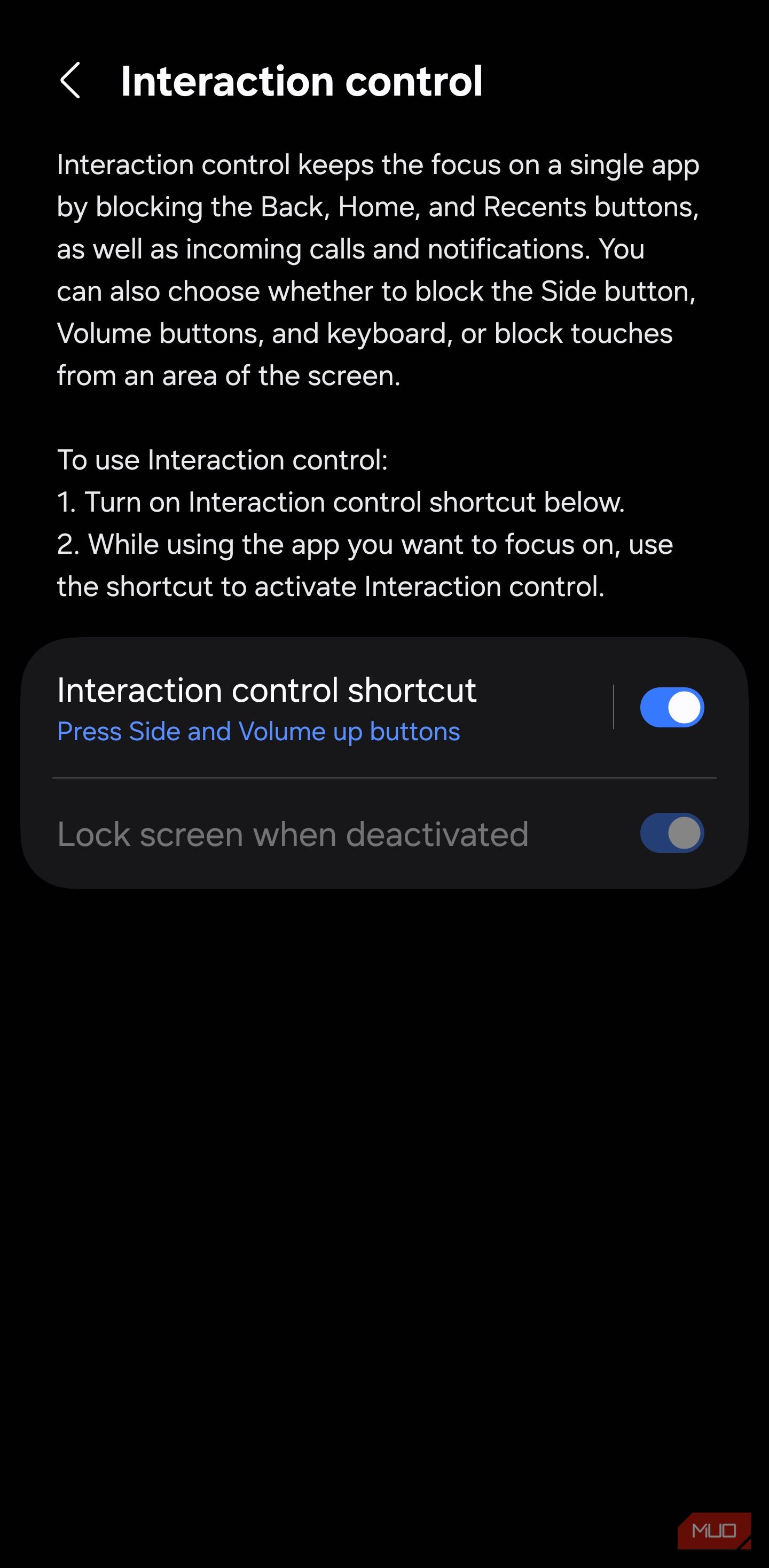 Samsung Interaction Control settings with shortcut enabled