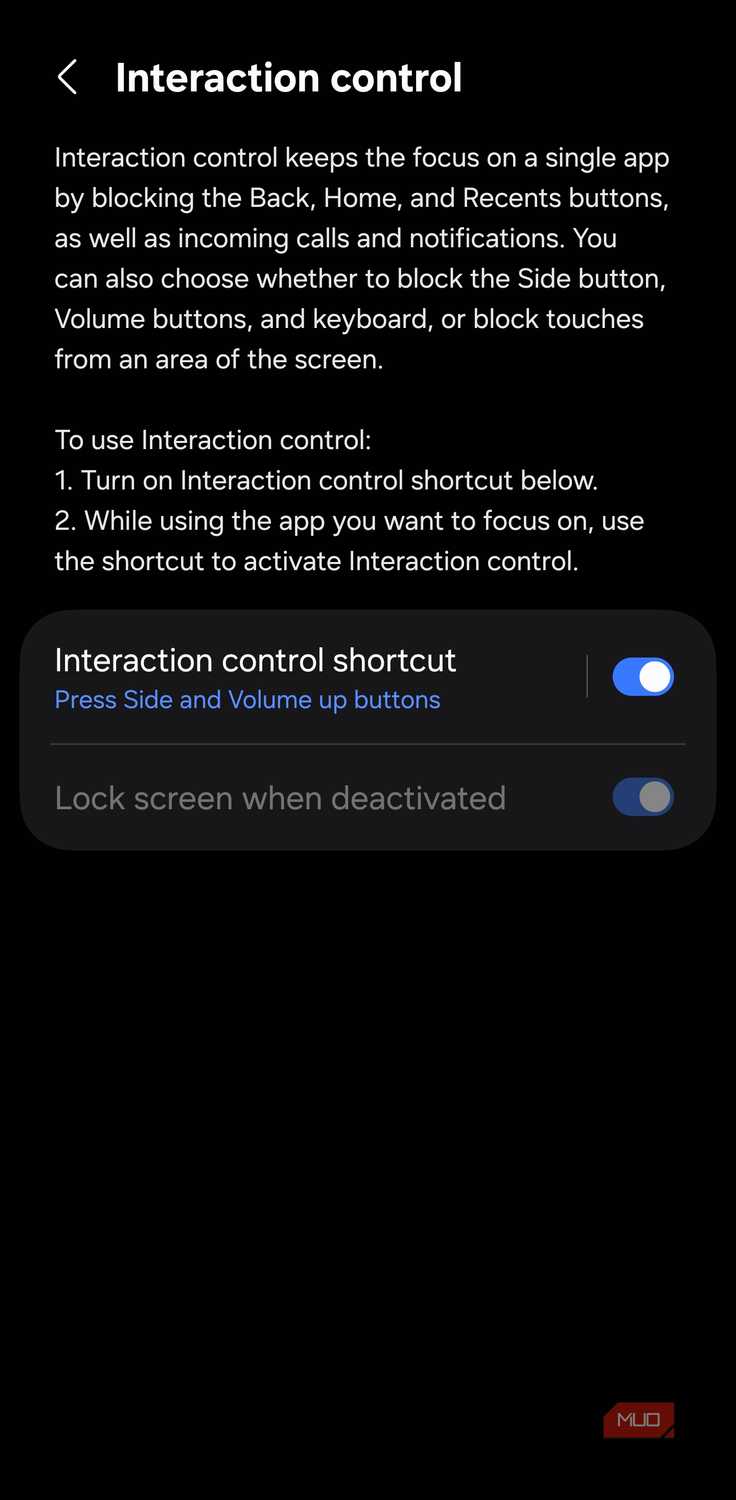Samsung Interaction Control settings with shortcut enabled