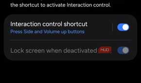 Samsung Interaction Control settings with shortcut enabled