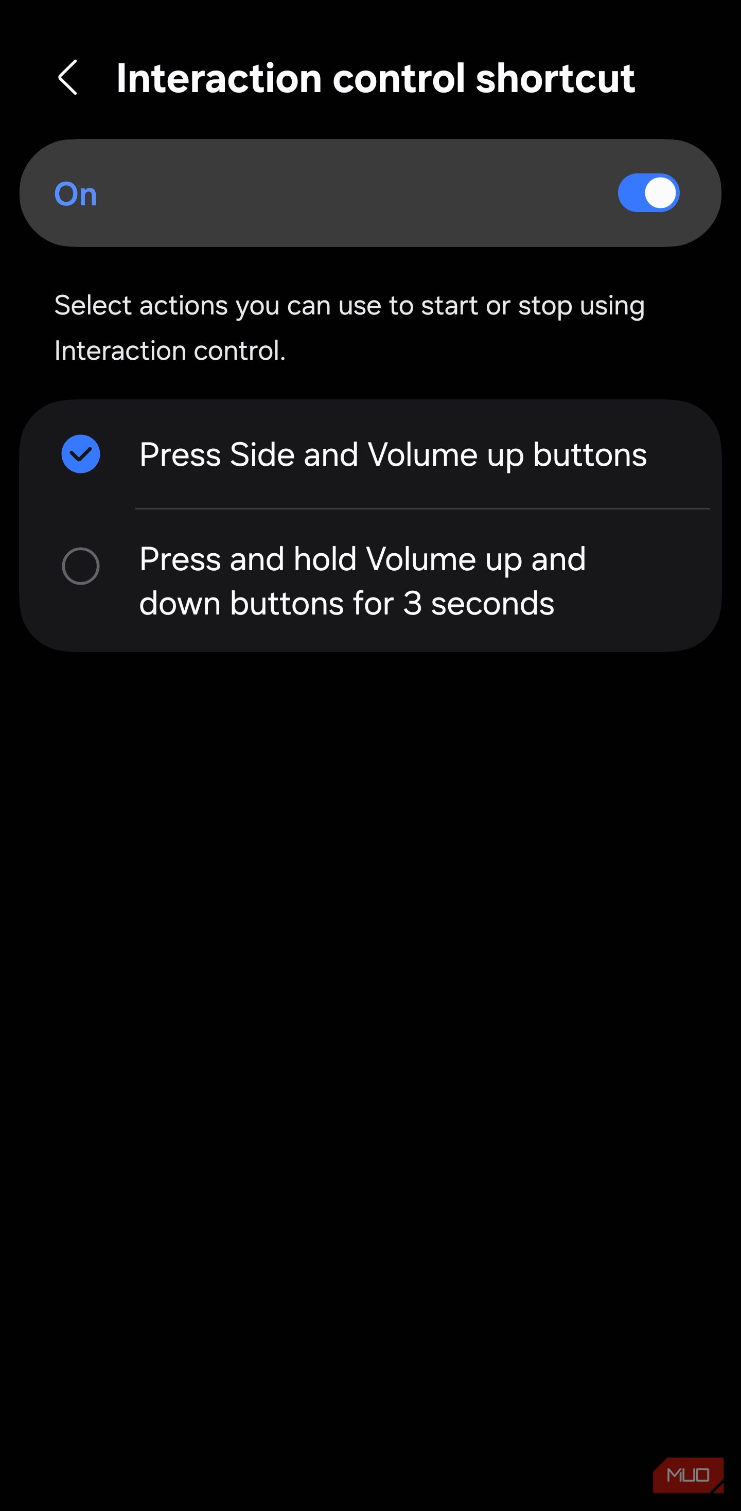 Samsung Interaction Control shortcut options