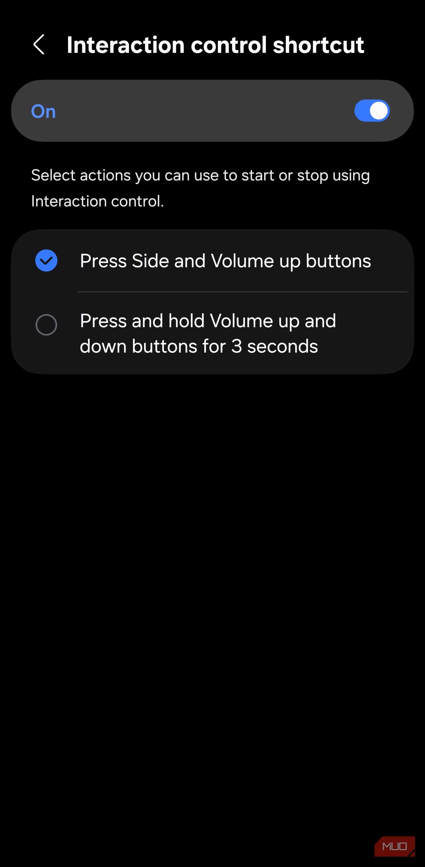 Samsung Interaction Control shortcut options