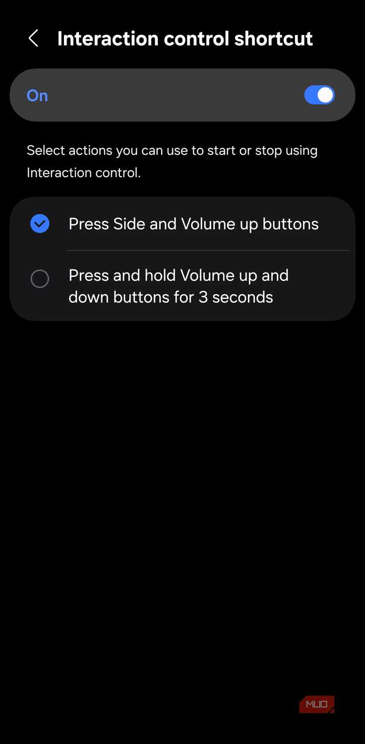 Samsung Interaction Control shortcut options