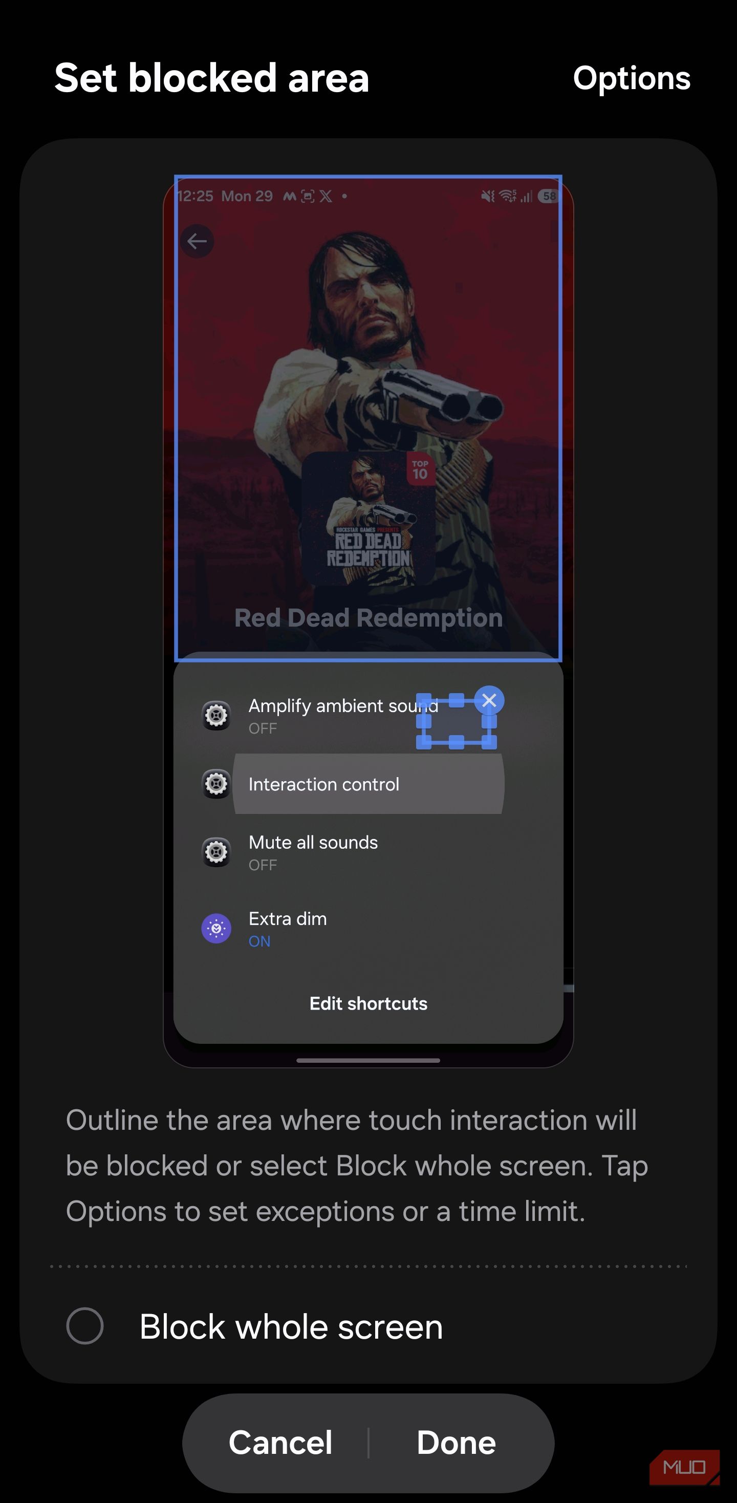 Samsung Interaction Control with the Block whole screen option