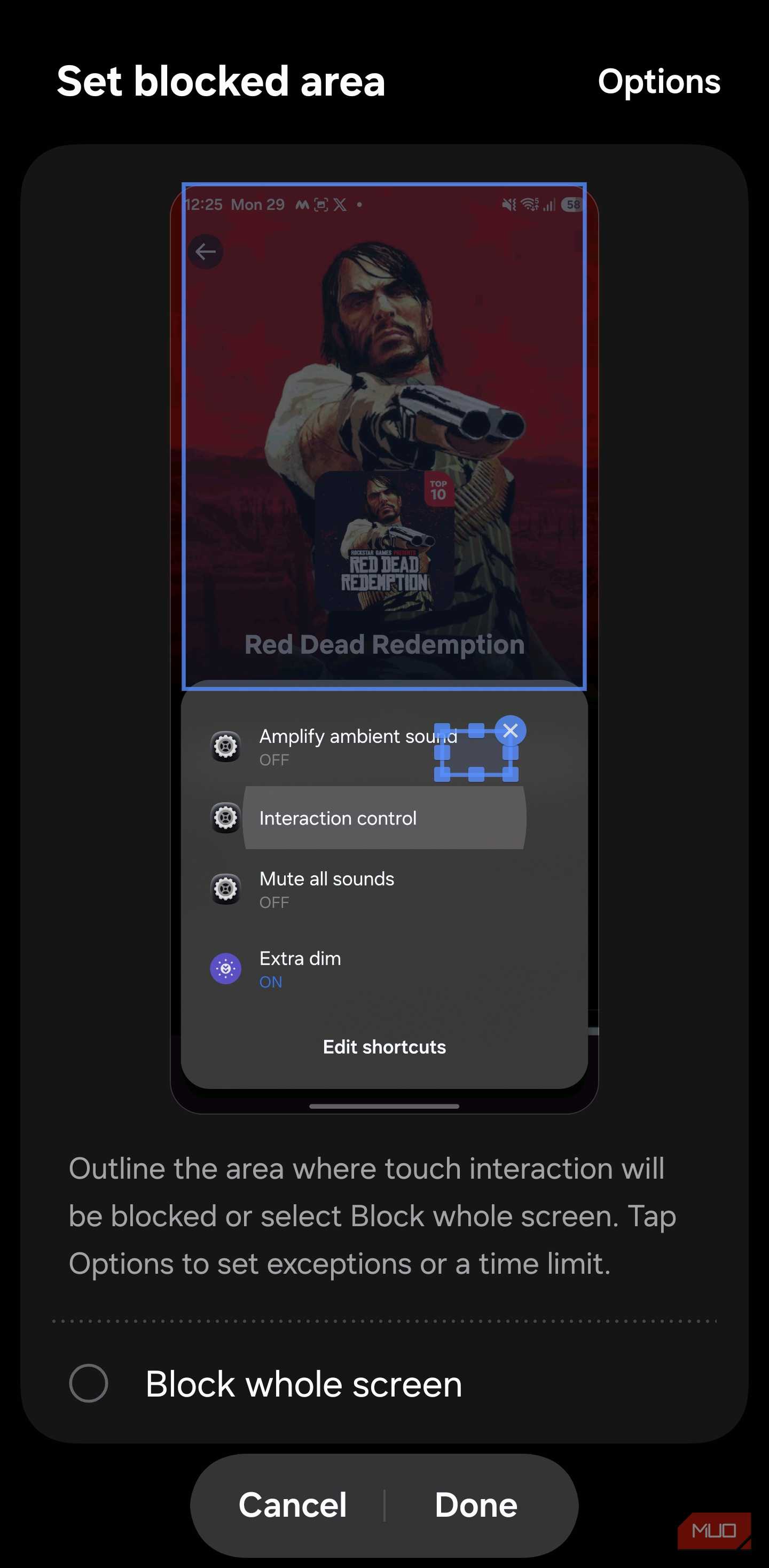 Samsung Interaction Control with the Block whole screen option