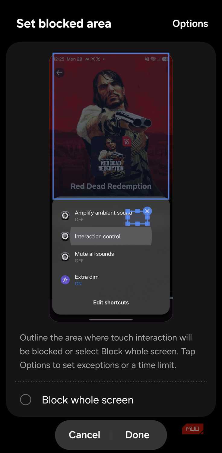 Samsung Interaction Control with the Block whole screen option