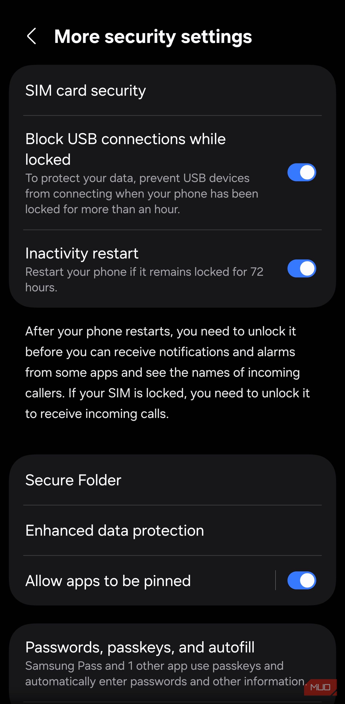 Samsung More security settings showing the App Pinning option