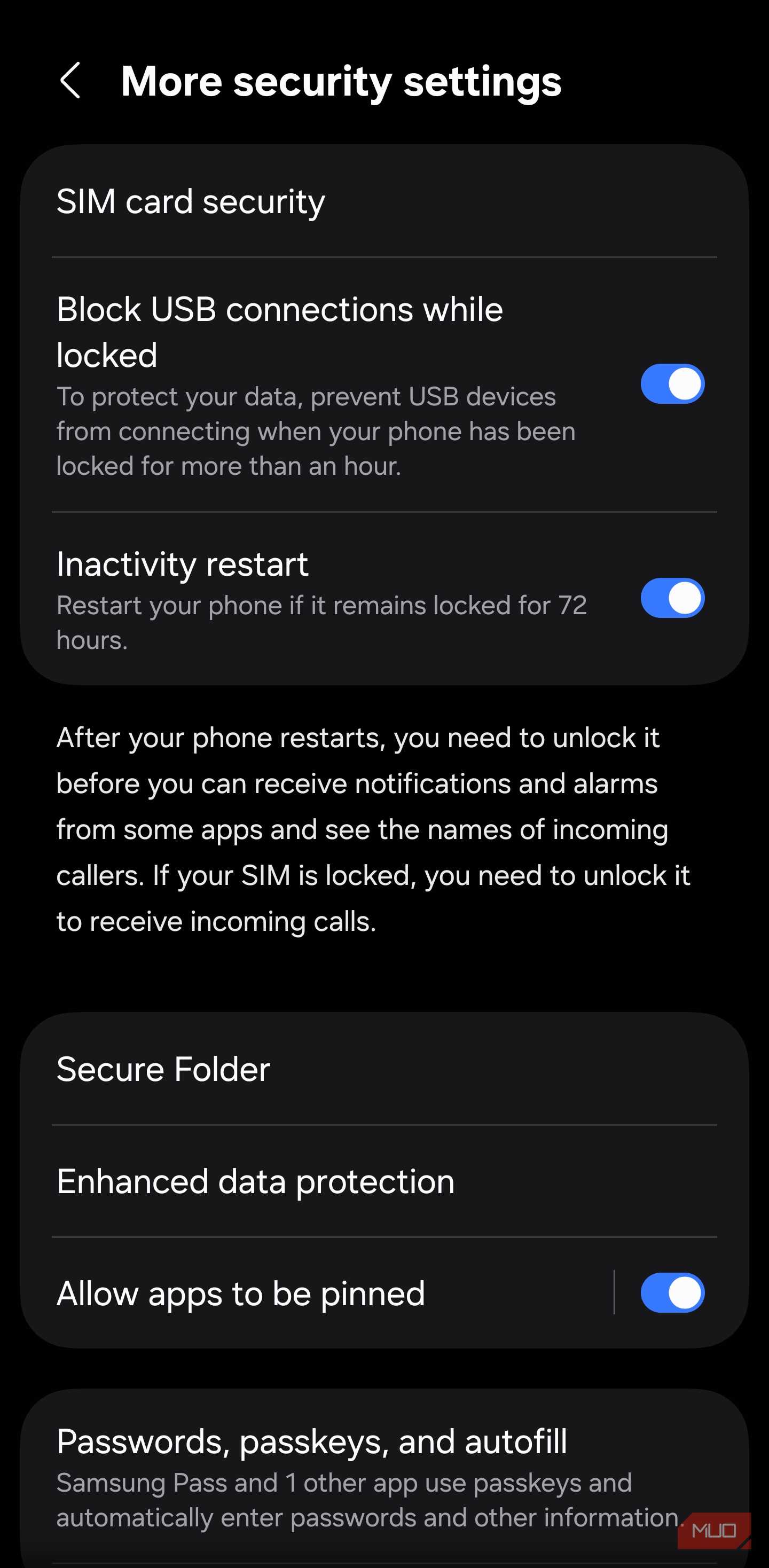 Samsung More security settings showing the App Pinning option