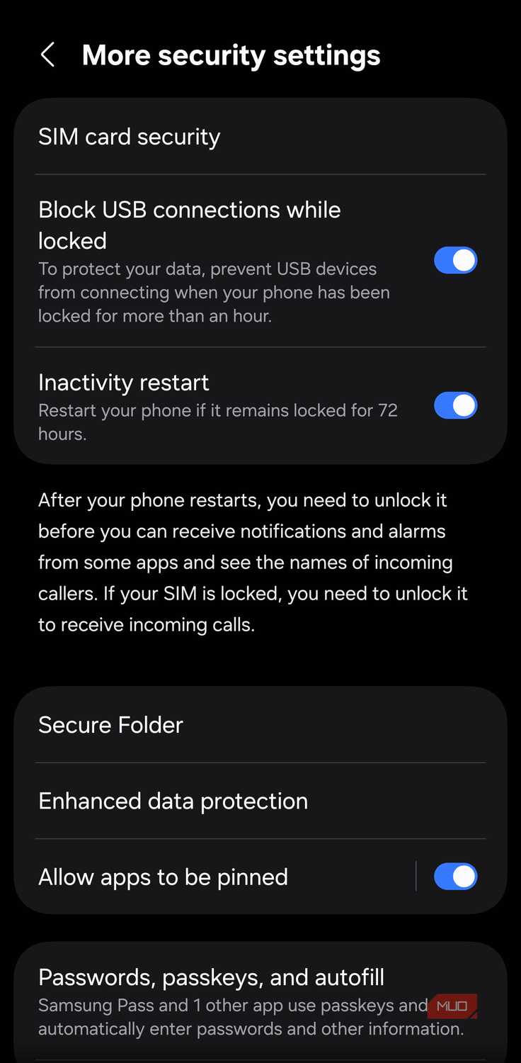 Samsung More security settings showing the App Pinning option
