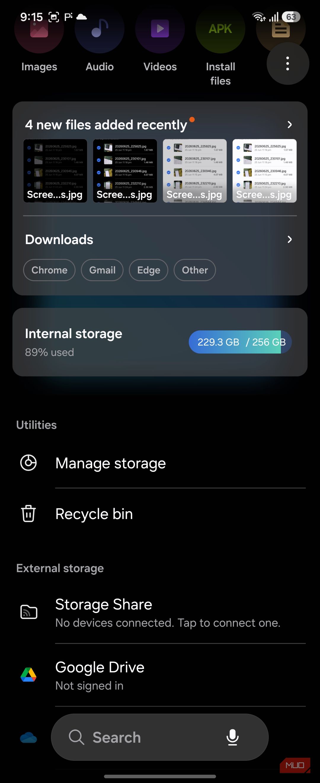 Samsung My Files home storage 89 percent dark mode