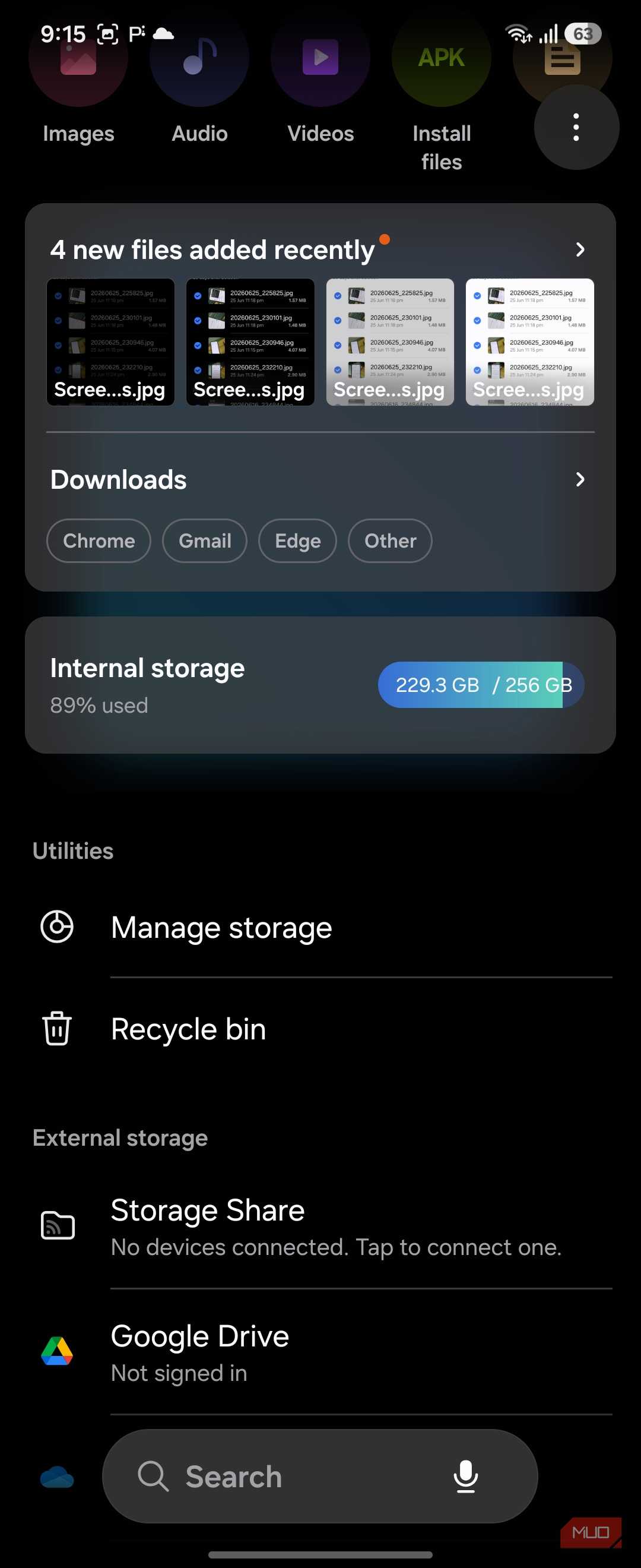 Samsung My Files home storage 89 percent dark mode
