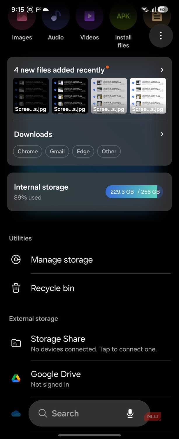 Samsung My Files home storage 89 percent dark mode